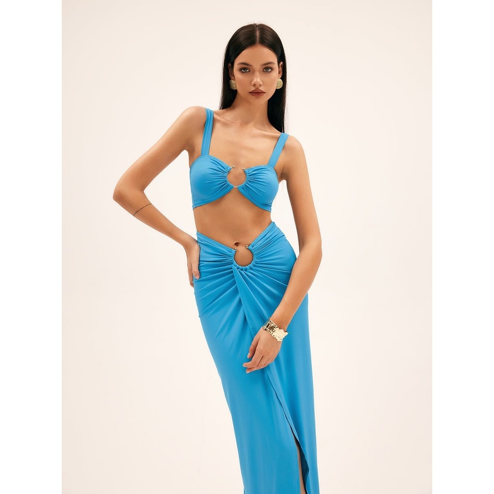 Commense Metal Decor Split Split Skirt Set Blue size S - Picture 2 of 5
